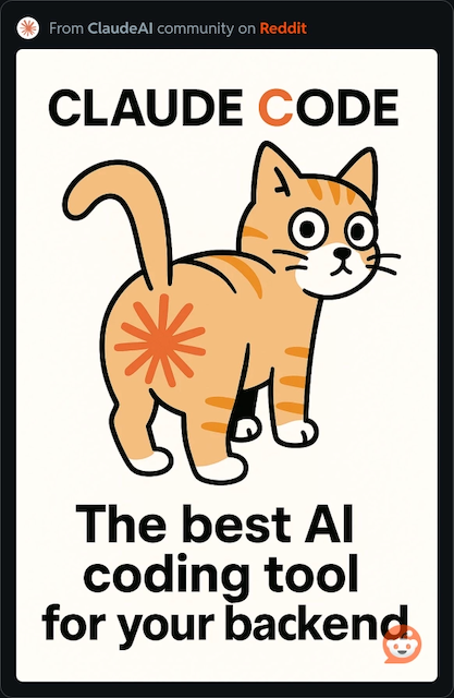 A cartoon orange tabby cat seen from behind with Claude's starburst logo, captioned 'Claude Code — The best AI coding tool for your backend' — from the ClaudeAI community on Reddit
